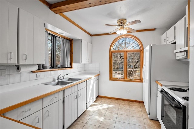 kitchen featuring a sink, backsplash, range with electric stovetop, white dishwasher, and light countertops