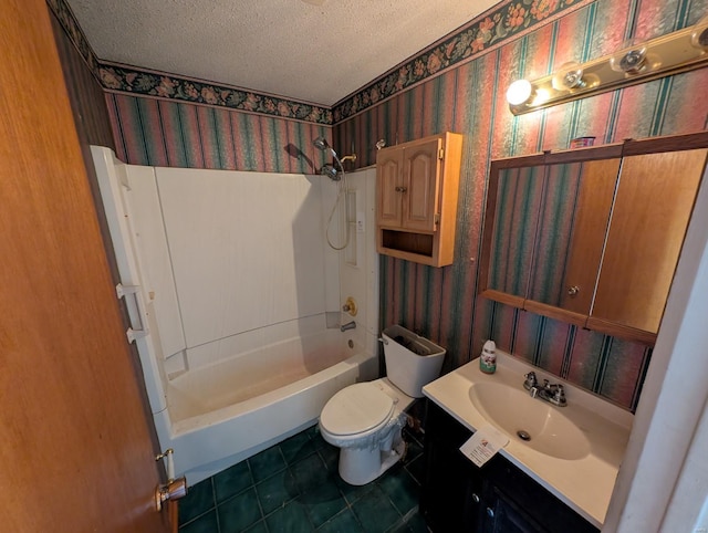 full bathroom with shower / tub combination, tile patterned flooring, vanity, toilet, and a textured ceiling