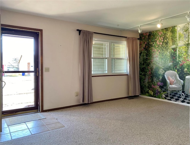 interior space with light colored carpet and rail lighting