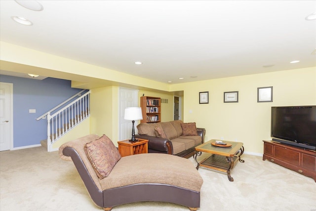 living room featuring light carpet