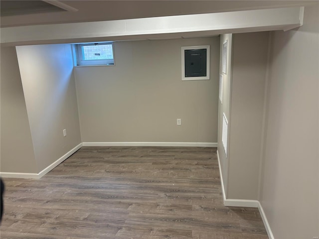 basement with wood-type flooring and electric panel