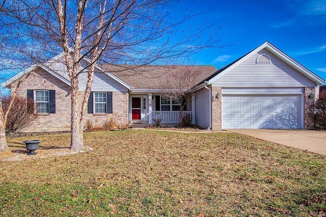 ranch-style house with a garage, a front yard, and covered porch