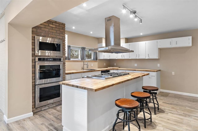 kitchen featuring sink, wooden counters, stainless steel appliances, white cabinets, and island exhaust hood