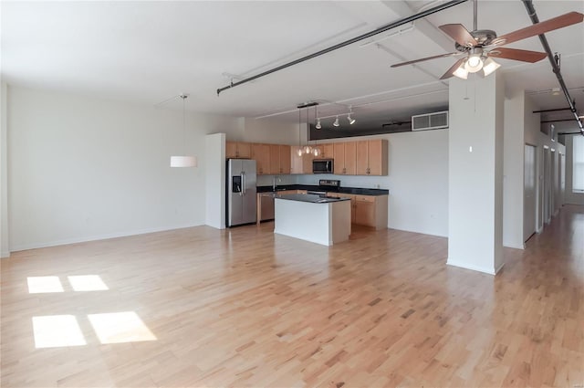 kitchen with rail lighting, appliances with stainless steel finishes, a center island, light hardwood / wood-style floors, and decorative light fixtures