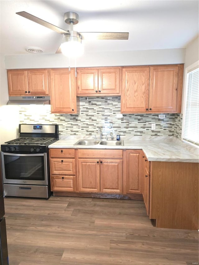 kitchen featuring dark hardwood / wood-style floors, stainless steel range with gas stovetop, sink, and decorative backsplash