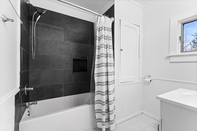 bathroom featuring ornamental molding, vanity, shower / bathtub combination with curtain, and tile patterned floors