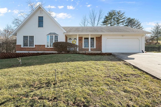 view of front of property featuring a garage, brick siding, concrete driveway, and a front lawn