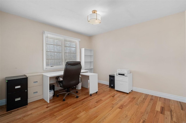 home office with light wood-style floors and baseboards