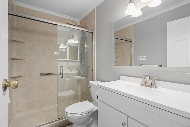 full bath with a stall shower, toilet, crown molding, and vanity