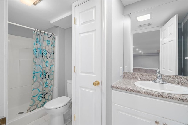 full bath featuring vanity, a shower stall, toilet, and visible vents