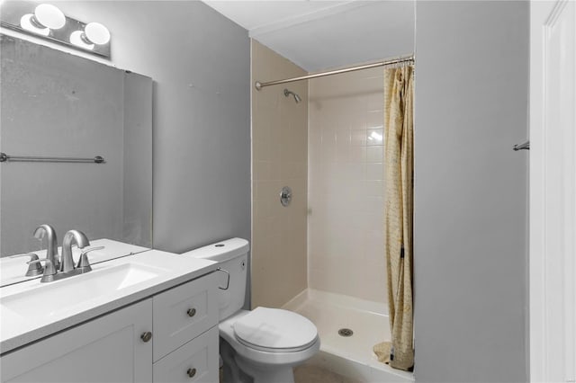 bathroom with walk in shower, vanity, and toilet