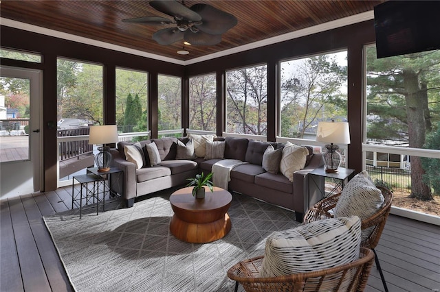 sunroom / solarium featuring a wealth of natural light, wooden ceiling, and ceiling fan