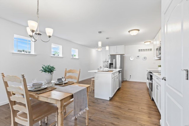 kitchen with stainless steel appliances, white cabinets, a center island with sink, decorative light fixtures, and light wood-type flooring