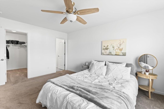 bedroom with a spacious closet, a closet, ceiling fan, and dark colored carpet