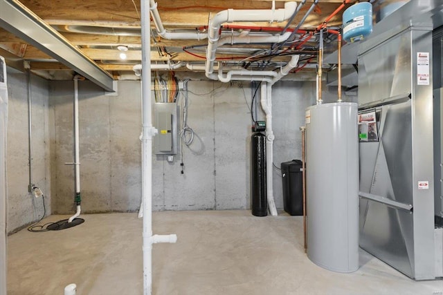 basement with gas water heater and electric panel