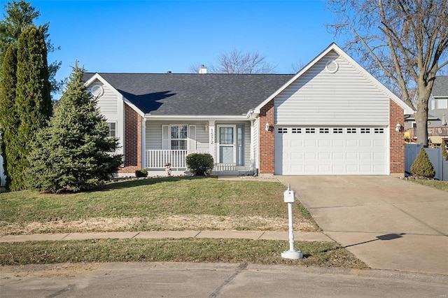 ranch-style house featuring a porch, concrete driveway, a front lawn, a garage, and brick siding