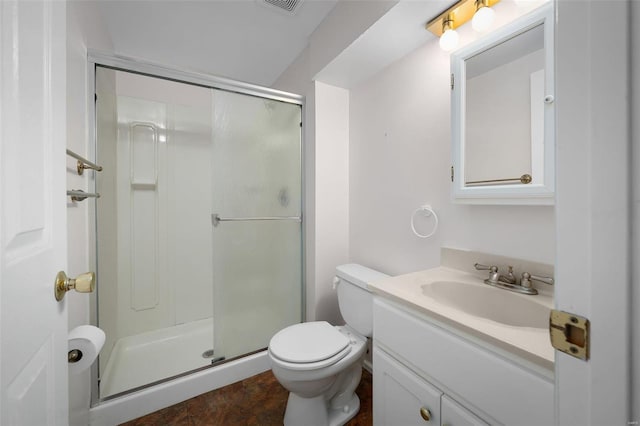 full bathroom featuring vanity, a shower stall, toilet, and visible vents