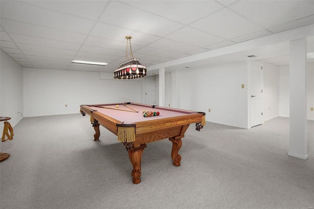 rec room with billiards, carpet flooring, baseboards, and a drop ceiling