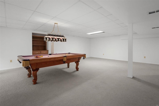 rec room with billiards, carpet, visible vents, and a drop ceiling