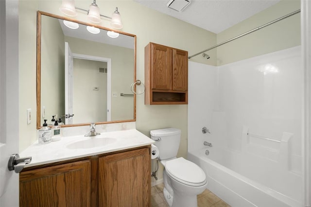 full bath with vanity, toilet, bathtub / shower combination, and visible vents