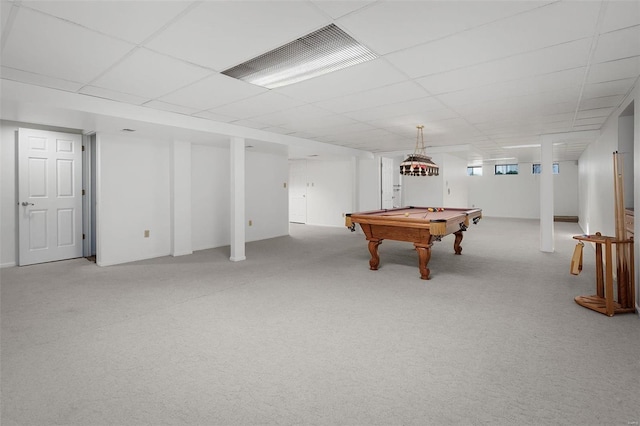 game room with a drop ceiling, carpet floors, and billiards