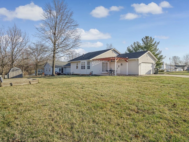 single story home featuring a front lawn, a garage, a pergola, and driveway