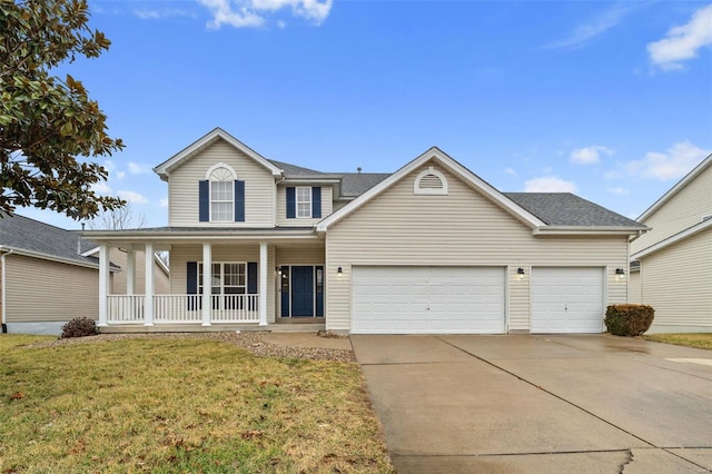 view of front of property featuring a garage, a porch, and a front lawn