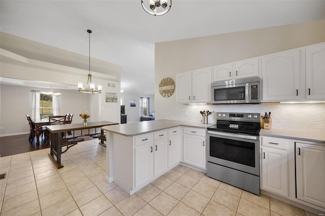 kitchen with white cabinetry, tasteful backsplash, hanging light fixtures, kitchen peninsula, and stainless steel appliances