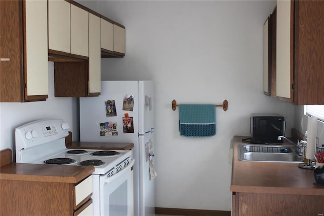 kitchen with white electric stove and sink