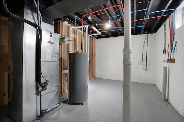 basement with heating unit and water heater