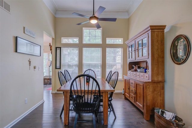 dining space featuring crown molding, dark wood-type flooring, and ceiling fan