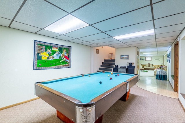 recreation room featuring pool table and a drop ceiling