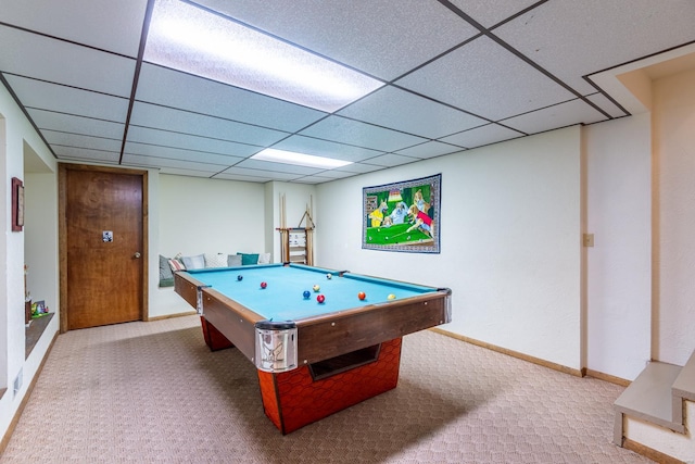 rec room featuring a paneled ceiling, billiards, and carpet