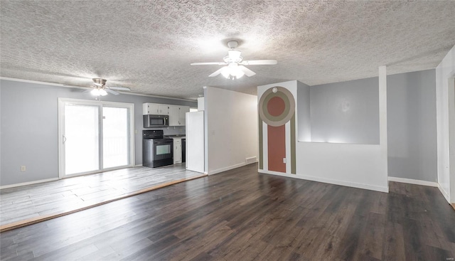 unfurnished living room featuring a ceiling fan, dark wood finished floors, a textured ceiling, and baseboards