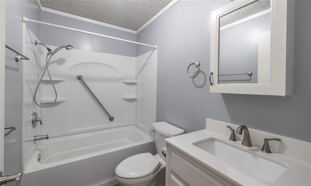 full bath with a textured ceiling, shower / bathtub combination, vanity, and toilet