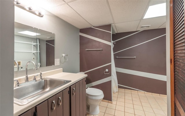 full bath featuring a paneled ceiling, visible vents, toilet, vanity, and tile patterned flooring