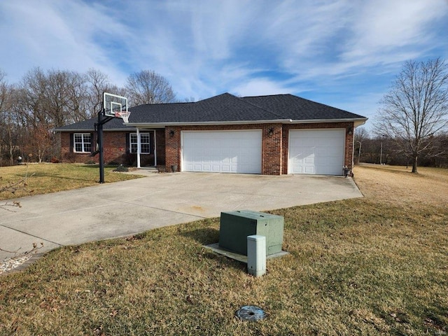 single story home with a garage and a front yard