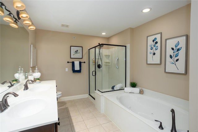 full bathroom featuring toilet, tile patterned floors, plus walk in shower, and vanity