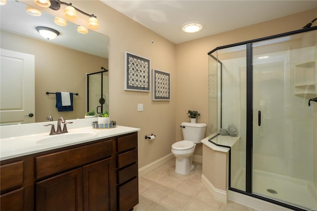 bathroom with vanity, tile patterned floors, toilet, and walk in shower