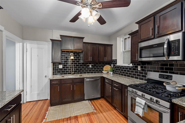 kitchen with stainless steel appliances, light hardwood / wood-style floors, sink, and backsplash