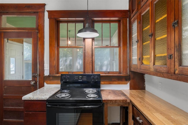 kitchen featuring electric range, plenty of natural light, and glass insert cabinets