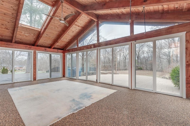 unfurnished sunroom with vaulted ceiling with skylight and wood ceiling