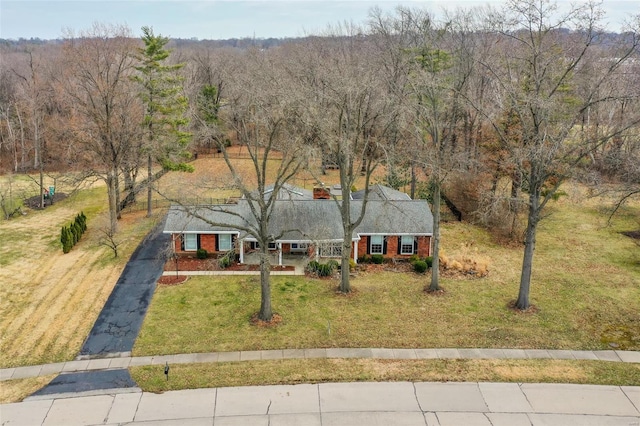 view of front of house with driveway, a front lawn, a view of trees, and brick siding