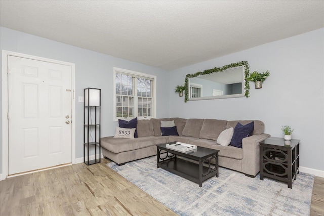 living room featuring hardwood / wood-style flooring and a textured ceiling