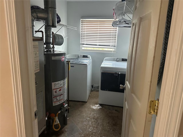 laundry area with water heater and washing machine and dryer