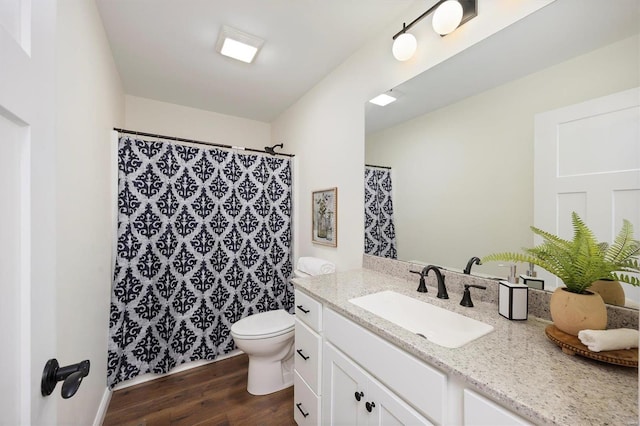 bathroom featuring vanity, wood-type flooring, and toilet