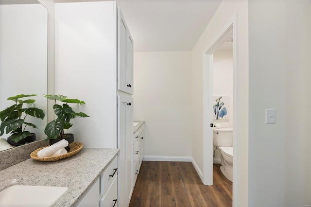 bathroom with vanity, toilet, and wood-type flooring