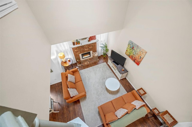 living room featuring wood-type flooring and a fireplace