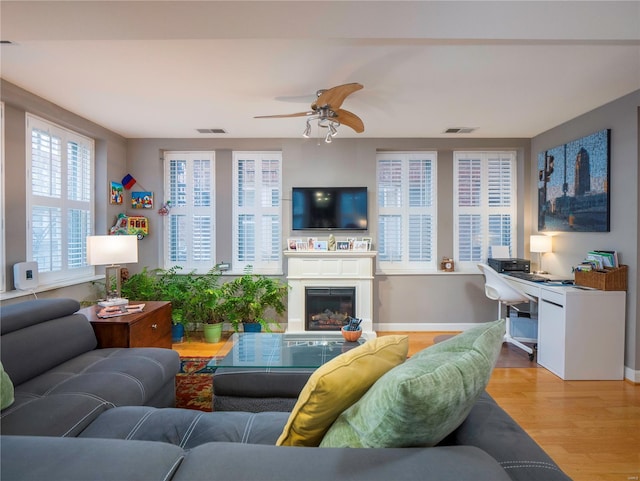 living room with ceiling fan and light wood-type flooring