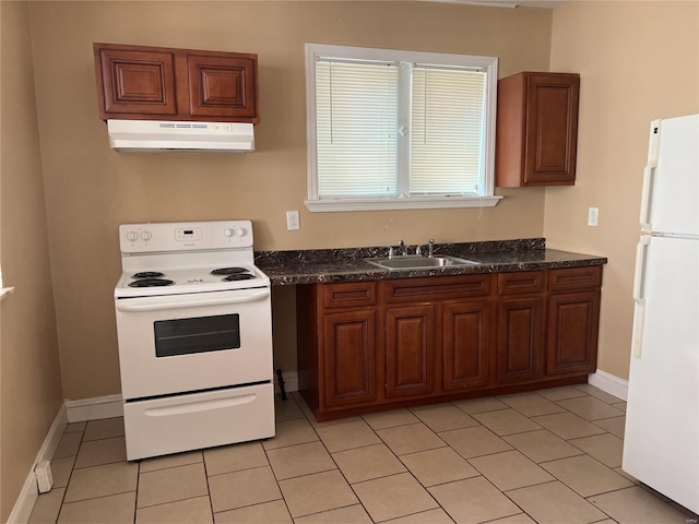 kitchen with dark countertops, white appliances, a sink, and under cabinet range hood